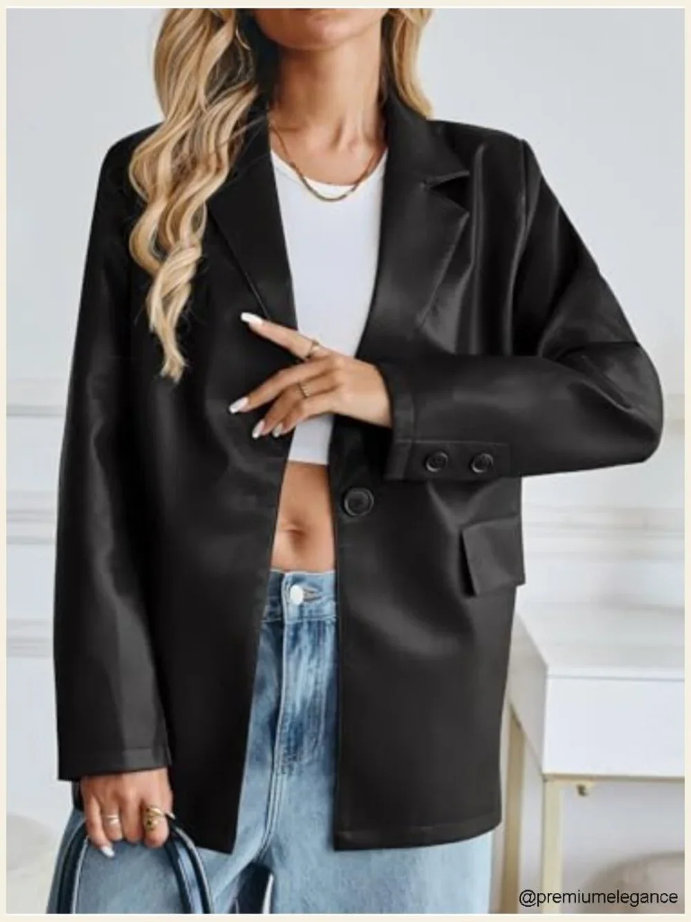 Womens Faux Leather Blazer Jacket Oversized Button Down Notched Lapel Fall